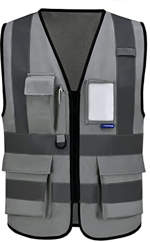 AYKRM 21 Couleurs 7 Poches de Classe 2 Gilet de sécurité Gris Haute visibilité Devant avec des Bandes réfléchissantes, Unisexe