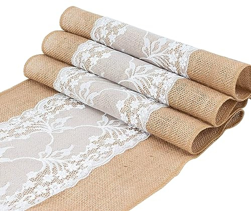 Jute Tischläufer mit Spitze, 30CMx10M, Retro-Rustikal, Beige, Spitze in der Mitte für Festival-Ereignis Tischdekoration Weihnachten Dekoration,Natur Leinen Jutestoff für Party