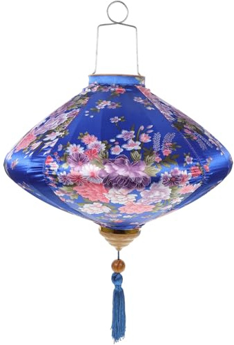Uonlytech Asiatisch Hoi An Seide Laterne Vietnamesischer Stoff Laternen Stofflaterne Hängende Deko Laterne mit Quasten Blumenmuster für Mondfest Neujahr Frühlingsfest Garten Haustür Blau