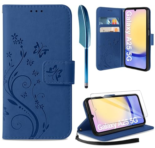 AROYI Lederhülle Kompatibel mit Samsung Galaxy A25 5G Hülle und Schutzfolie,Wallet Handyhülle Leder Tasche Kartensteckplätzen Schutzhülle Kompatibel mit Samsung Galaxy A25 5G Dunkel Blau
