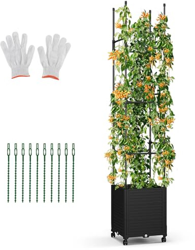 HOMASIS Hochbeet mit Rankgitter, Blumenkasten mit Rollen & Spalier für Kletterpflanzen, Gartenbeet Rankhilfe aus Metall & PP, Gartenspalier mit 3 Höhen & Selbstbewässerung, Pflanzkasten Garten Balkon