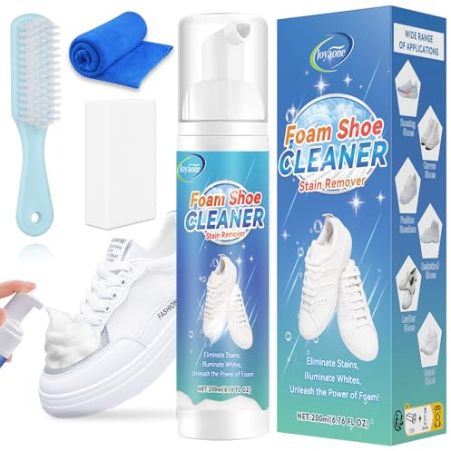 JOYAONE White Shoe Cleaner, Trainer Cleaning Kit with Brush, Cloth and Sponge, Safe for Leather, Canvas, Knit, Sneakers, Waterless or Wet Wash Read to Use Foam
