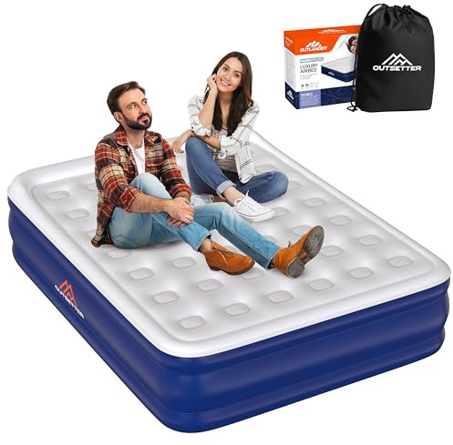 Raised Double Air Bed with Built-In Pump Waterproof Flocked Blow-Up Mattress, Quick Inflating Airbed for Adults & Kids Portable Air Mattress with Storage Bag for Camping,Hiking, Caravan,Indoor, Double