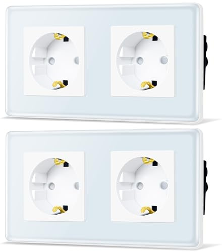 TAWOIA Enchufe Schuko, estándar de la UE, 2 enchufes empotrados con placa de vidrio curvado 2,5D, color blanco, 86 x 157 mm, 2 unidades