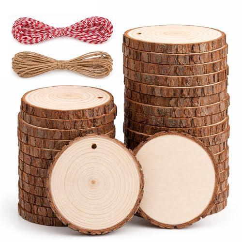 Holzscheiben Maibaum Deko Set 48 Stück Rund Holzscheiben 4-5cm Mit Loch Und Juteschnur Zum Basteln DIY Anhänger Baumscheiben Für Hochzeit Weihnachten Tischkarten Wanddeko