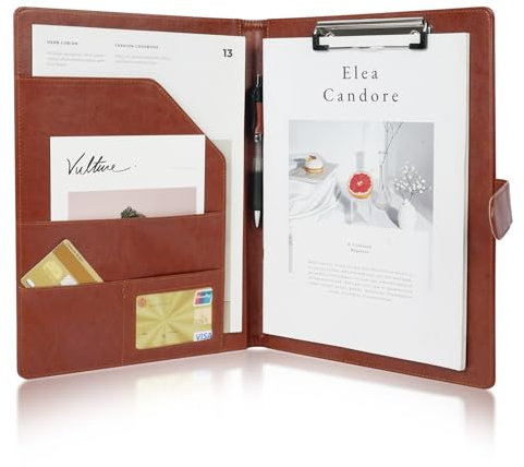 OFFCUP Schreibmappe A4, Konferenzmappe PU Kunstleder, Klemmbrettmappe mit Notizblock, Dokumentenmappe Business Portfolio Organizer Magnet Verschluss- Braun
