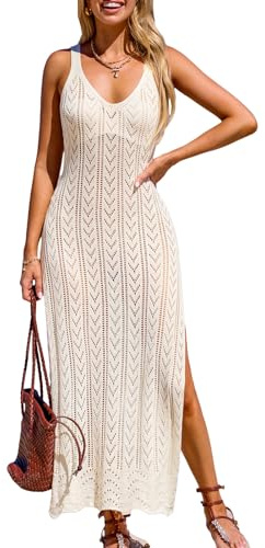 CUPSHE Women Crochet Coverup Sleeveless Mesh Swimsuit Cover Ups Split Maxi Beach Dress