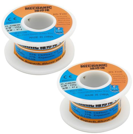 【Mechanic】 2Pcs HX-T100 63/37 Tin Lead Rosin Core Solder Wire for Electrical Soldering,Content 1%-3% Solder Flux (0.6mm,100g X 2PCs)