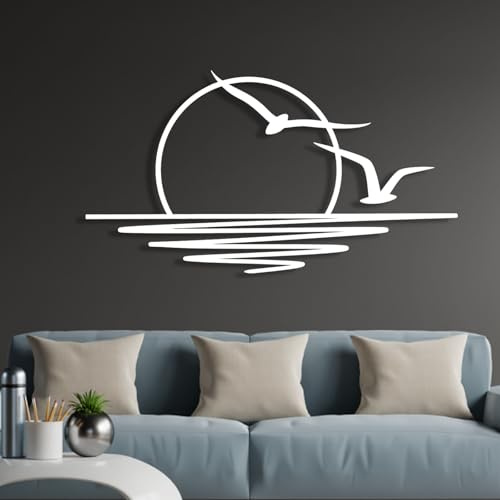 champracer Meer Sonne und Möwe Metall Wanddekoration,Sonnenaufgang Wandkunst,Wandbehang, Gartendekoration, Heimdekoration, Vogelkunst, Bettdekoration, Sonnenuntergang Dekoration (105x60 cm,weiß)