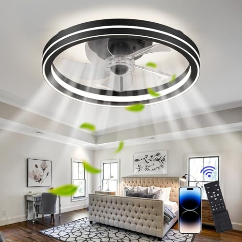 UVWHYZ Flacher Deckenventilator mit Licht & Fernbedienung + APP | 48cm Schwarz (Leise) | LED Deckenleuchte mit 6 Stufen | Dimmbar 3 Farbtemperaturen | Gleichstrommotor