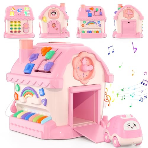 HYES Juguetes para bebé niñas de 1 año, Juguete Montessori, 8 en 1 multifunción casa con música/Coche/Reloj/teléfono/luz, Musical sensorial Juguetes Regalos para bebé de 1-2 años