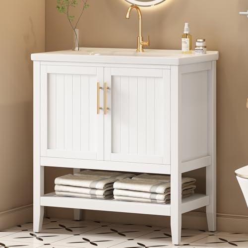 SUKY Badmöbel Einzel Waschtisch mit Unterschrank 80cm mit Keramik-Waschbecken, 80 x 47 x 90cm, MDF, Weiß