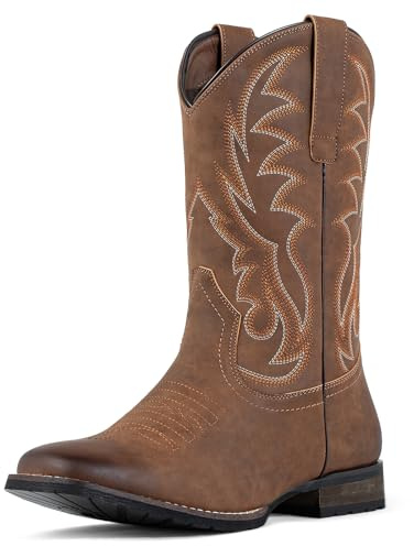 J's.o.l.e Bottes de cowboy pour homme - Bout carré large - Brodées - Antidérapantes - Marron