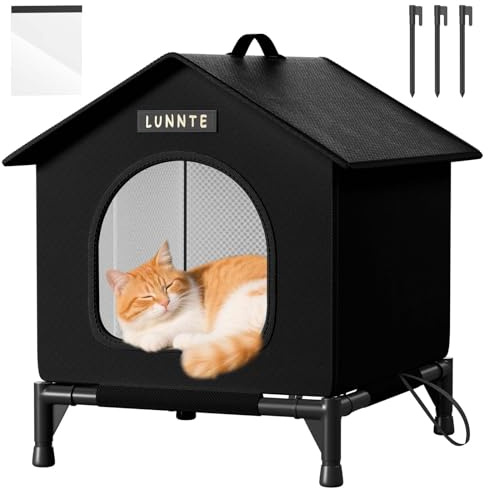 Wasserdichtes Outdoor Katzenhaus, Robustes 4-Jahreszeiten Katzenhäuschen mit erhöhtem Stand, Wetterfestes Tierheim mit Türvorhang für Katzen & Kleine Hunde, Streuner (34x40x47cm, Schwarz)