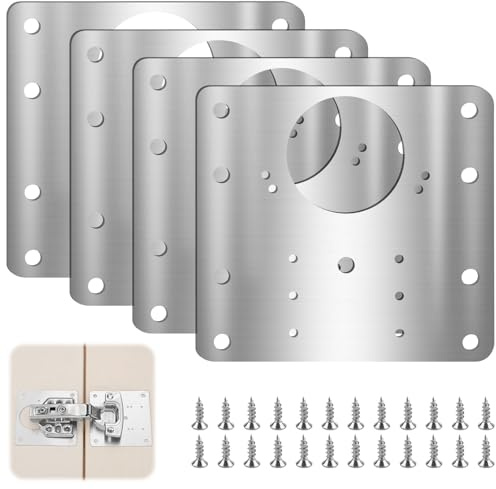 4 Pcs Hinges Repair Plate with Screws, Kitchen Stainless Steel Hinge Repair Plates Brackets with Holes, Flat Fixing Joining Mending Plates Brackets for Door, Cabinet, Home Furniture, Drawer, Window