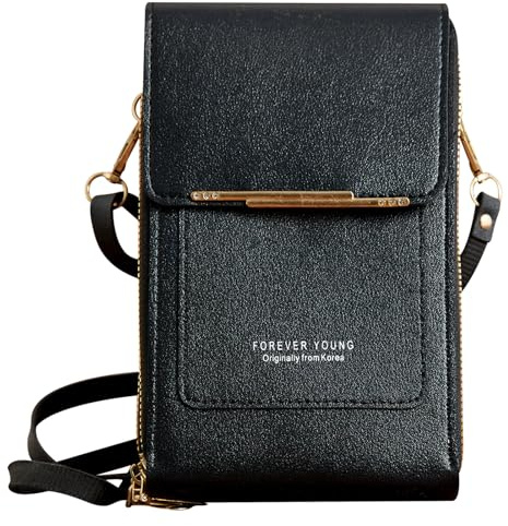 Fjquamitix Small Crossbody Cell Phone Bag for Women, Lightweight Mini Handbag Purse with Adjustable Strap, Card Slots, Touch Screen (Black)