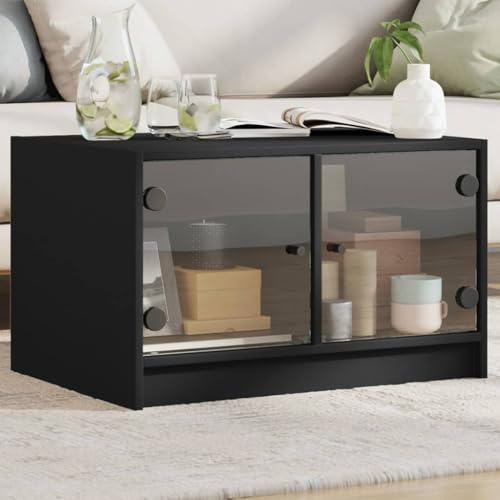 Mesa de Centro con Puertas de Cristal, Material Panel de Madera y Vidrio, Diseño Moderno con Almacenamiento, Mesa Centro Salon, Coffee Table, para Salón o Sala de Estar, Color Negro, 68x50x42 cm