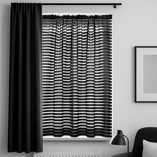 John Aird - Paris Horizontal Stripe Deisgn Black Net Curtain - Select Your Size (1.5 Metres Width, Drop: 45 (114cm))
