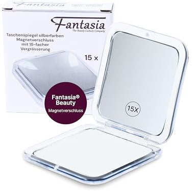 Fantasia® Beauty Taschenspiegel 15-Fach Silber (8,5 x 8,5 cm) - Klappbarer Spiegel mit Magnetverschluss für präzises Makeup und Pflege unterwegs - Ideal für Reisen - Vergrößerungsspiegel