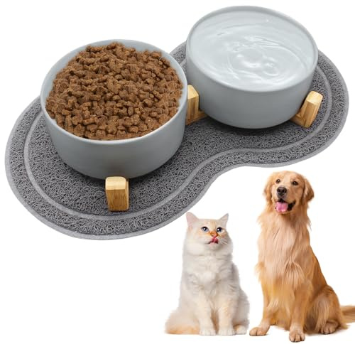 Gamelle pour Chien Surélevée en Ceramique 850ml Double Bol avec Support en Bambou et Tapis Antidérapant, Set de Mangeoire Céramique pour Chien et Chat Gamelles Surélevées pour Chats et Chiens