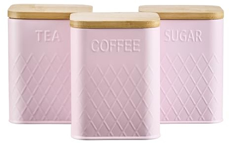 Cooks Professional 3 Piece Embossed Tea, Coffee & Sugar Cannister Set with Bamboo Lids | Diamond Pattern Labelled Stainless Steel Kitchen Storage Bins Airtight Containers | Pink