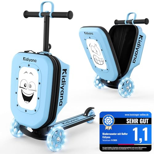 Kidiyana Scooter resväska, barnväska med skoter och LED-hjul, höjdjusterbart styre, A5-visningsfönster, 7 cm förvaringsutrymme, lämplig som handbagage, skoter, gåva för 2–8 år, blå