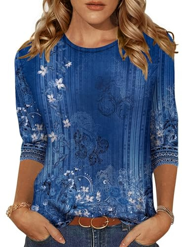 Zeagoo Blusas para Mujer Camiseta de Manga 3/4 Ligeras de Cuello Redondo Tops de Verano Azules Flores XL