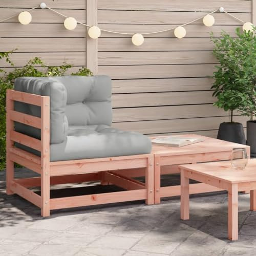 Owoxanthellate Gartensofa Eckbank 140x70 cm aus Douglasie massiv mit grauen Oxford-Kissen und Hocker Modernes Latten-Design für kleine Balkone Terrasse Wintergarten