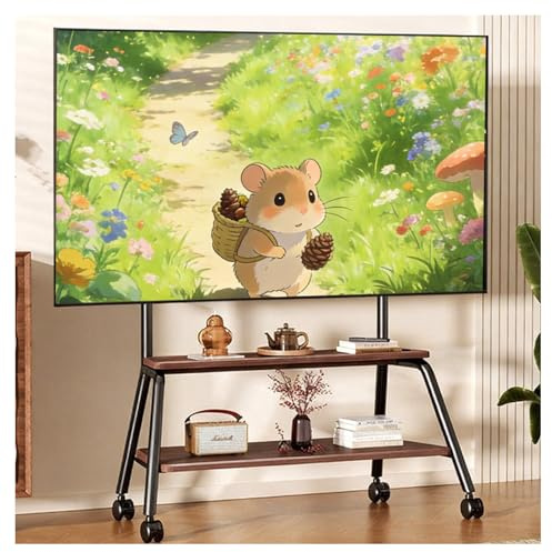 TV-stativ, justerbar höjd, med hjul och trähyllor, vridbart TV-stativ för 32–60 tums LCD-LED-OLED-TV upp till 50 kg, max. VESA 450 x 400