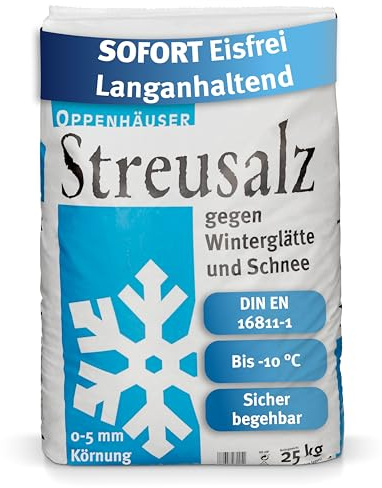 OPPENHÄUSER Sel de déneigement 25kg : efficacité immédiate et durable, DIN EN 16811-1, sel d épandage contre le verglas, pour trottoirs, allées et parkings, granulométrie M, qualité premium