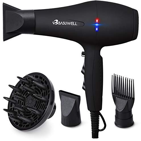Basuwell Hair Dryer Professional 2100W Salon Hairdryer Ionic Far Infrared 2 Speed 3 Heat Cool Shot Setting AC Motor Blow Dryer with Diffuser/Concentrator/Comb Air Nozzle - UK Plug Black
