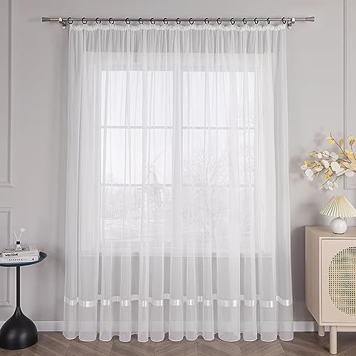HongYa Stores Voile Gardine Schal Transparenter Vorhang mit Satinband Kräuselband H/B 170/300 cm Weiß