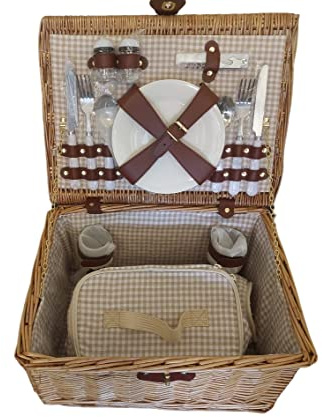 16 pièces Panier de pique-nique de luxe en osier avec vaisselle, couverts et verres pour 2 personnes, sac isotherme et refroidisseur de bouteille