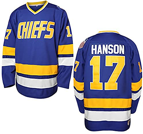 EETUG Villa Hanson Brothers Hockeytrikot 16 Charlestown Chiefs 17 Jeff Slap Shot 18 Movie Hockeytrikot Blau Weiß S-3XL (17 Blau, X-Large), Blau, XL