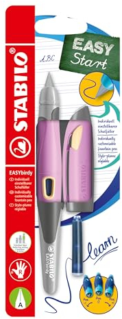 STABILO - Ergonomischer Schulfüller für Rechtshänder mit Anfänger-Feder A - EASYbirdy Pastel soft pink/apricot - inkl. Patrone und Einstellwerkzeug - blau (löschbar)
