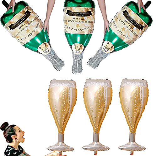 jiuzcare 6 Pcs Giant Champagne Bottle & Wine Glass Foil Balloons, 39 Large Mylar Helium Balloons for Birthday, Wedding, Engagement, Hen Party Decorations & Celebration (Metallic Gold)