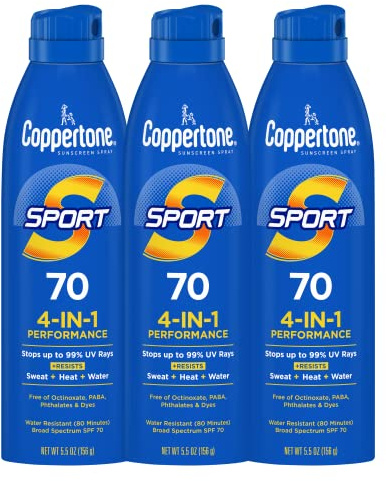 Coppertone SPORT Sunscreen Spray SPF 70, Water Resistant Sunscreen, Broad Spectrum SPF 70 Sunscreen, Bulk Sunscreen Pack, 5.5 Oz Spray, Pack of 3