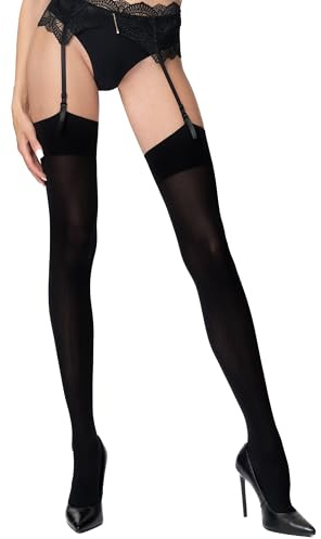 POSE Women’s 40 Denier Suspender Stockings – Opaque Plain 32 Colours for Garter/Suspender Belts, Soft Stretch Regular & Plus Size Hosiery, 4, black
