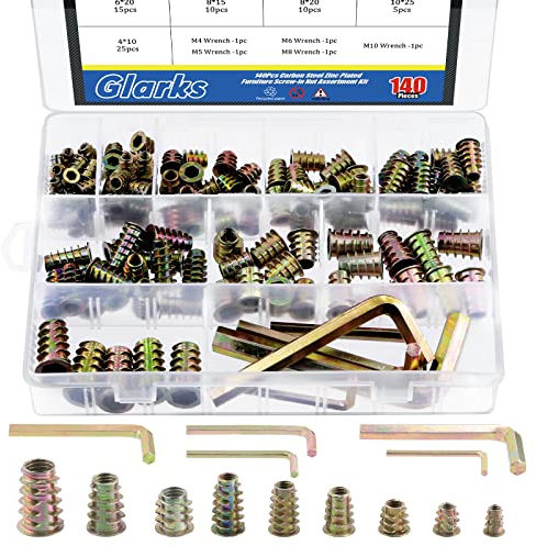 GLARKS G-2462 140Pcs 9 Sizes Metric Threaded Inserts Nuts Assortment Kit Including 135Pcs M4/M5/M6/M8/M10 Hex Drive Furniture Wood Nuts and 5Pcs Hex Wrenches for Wood Furniture,Yellow