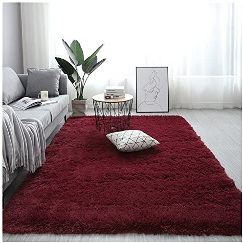 GUOCU Hochflor Teppich Wohnzimmer rutschfest Langflor Fellteppich Shaggy Flauschig Weich Modern Kunstfell Einfarbig Bettvorleger Sofa Matte,Weinrot,160x200CM