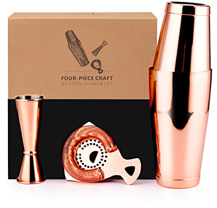 Jettory Boston Shaker Set di 4 shaker da cocktail con shaker Boston da 18/28 oz in acciaio inox, filtro da bar e misurino, in una elegante confezione regalo, ideale per l'uso bar di casa (oro rosa).
