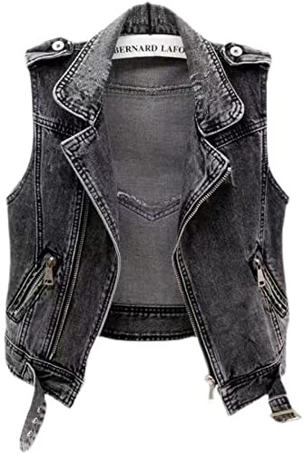 PHARAH Denim Jacket, Women'S Denim Vest Jacket Black Ripped Distressed Sleeveless Zipper Jean Biker Coat Retro Distressed Wash Faded Denim Gilet Casual Loose Outwear Tops,Xl