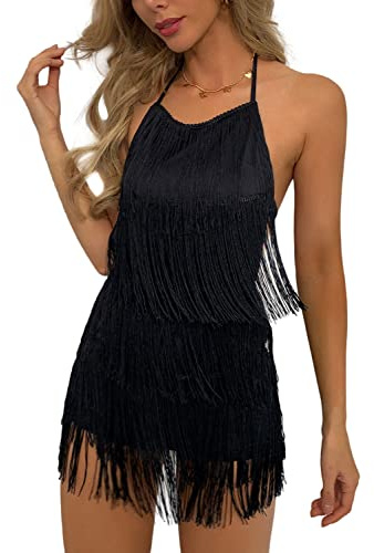 EVELUST Sexy Backless Fringe Dress Jumpsuit - Womens Club Boho Tassel Tiered Halter Playsuit Festival Bodysuit Romper(Black, S, 1074w)