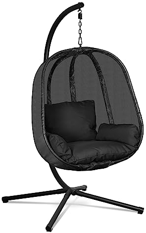 Swoods Hängstol för ägg, hängstol med stativ – för inomhus- och utomhusbruk, inkl. kuddar – äggstol – kokong – äggstol – upp till 150 kg – svart/svart