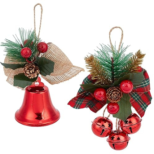 GORGECRAFT 2 Stile Weihnachtliche Rote Glöckchen Mit Seil Blume Stechpalmenblätter Metall-Türhänger Anhänger Weihnachtsdekoration Zum Aufhängen Für Drinnen Und Draußen Für Weihnachtsbaum Festival