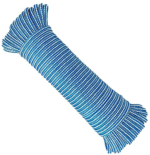 Cuerda tendedero Exterior de Polipropileno. Azul y Blanco, 4,5 mm x 25 m. | Cordón multiusos trenzado para camping, autocaravanas, toldos y bricolaje; carga de rotura aprox. 200 kg. Hecho en España.