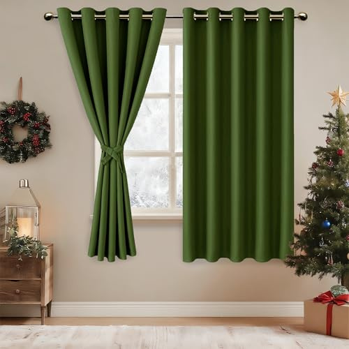 DWCN Blickdichte Vorhänge mit Vorhange-Raffhalter Verdunkelungsgardinen mit Ösen 2 Stücke Thermogardine für Wohnzimmer,Schlafzimmer,Olive Grün,183x167cm(HxB)