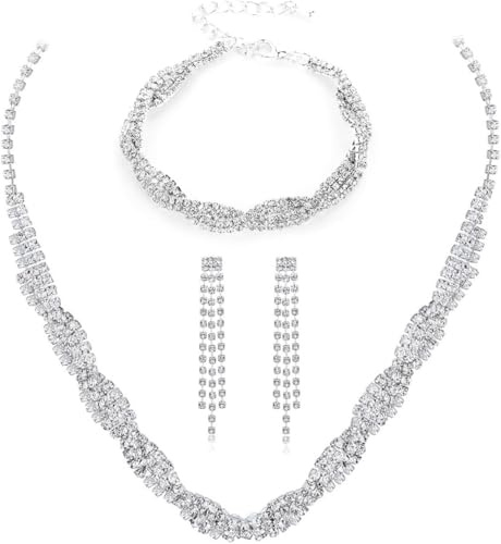 FDEETY Set di Gioielli da Sposa Elegante e Splendente Nuziale Zircone Collana Orecchini Braccialetto Pendenti Set per Matrimonio Banchetto Party (Argento-1)