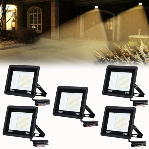 UISEBRT LED Strahler 5x100W Superhell LED Fluter 7000LM - Warmweiß Wasserdicht IP66 Baustrahler für Garten, Garage, Sportplatz, Hotel - 120° Abstrahlwinkel