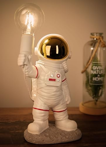 Brubaker Lampada da Tavolo Astronauta - Lampada da Comodino Spaziale da 40 cm con Presa E27 e Spina USB-C - Statua Decorativa del Viaggio Spaziale Dipinta a Mano - Bianco e Oro
